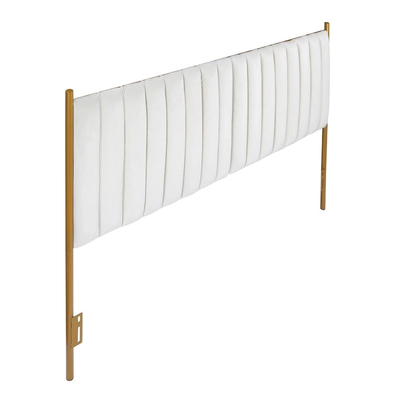 Tête de lit King size en velours capitonné avec motifs verticaux et cadre en métal doré – Crème / Noir / Gris / Vert Sauge