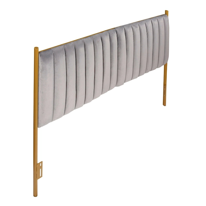 Tête de lit King size en velours capitonné avec motifs verticaux et cadre en métal doré – Crème / Noir / Gris / Vert Sauge