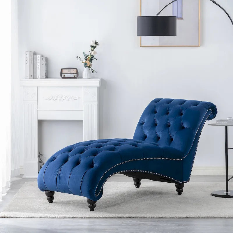 Armless Tufted Button Chaise Lounge with Wood Legs – Blue / Black / Brown / Dark Brown / Yellow / Orange / White – 1-Seater