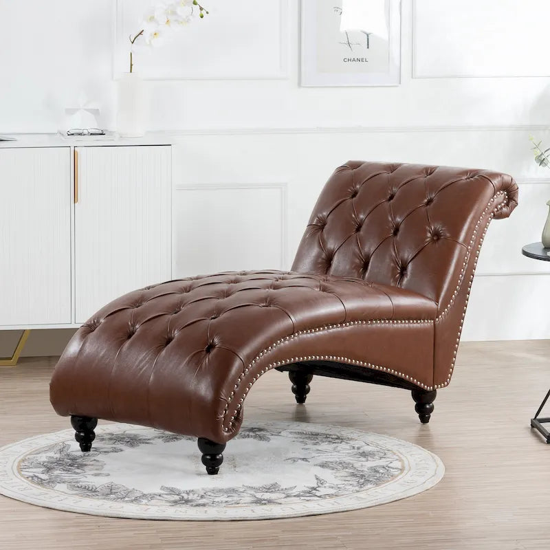 Armless Tufted Button Chaise Lounge with Wood Legs – Blue / Black / Brown / Dark Brown / Yellow / Orange / White – 1-Seater
