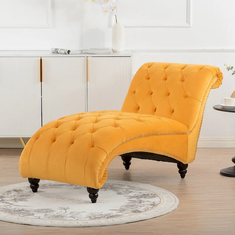 Armless Tufted Button Chaise Lounge with Wood Legs – Blue / Black / Brown / Dark Brown / Yellow / Orange / White – 1-Seater