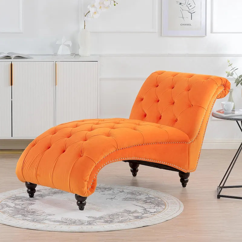 Armless Tufted Button Chaise Lounge with Wood Legs – Blue / Black / Brown / Dark Brown / Yellow / Orange / White – 1-Seater