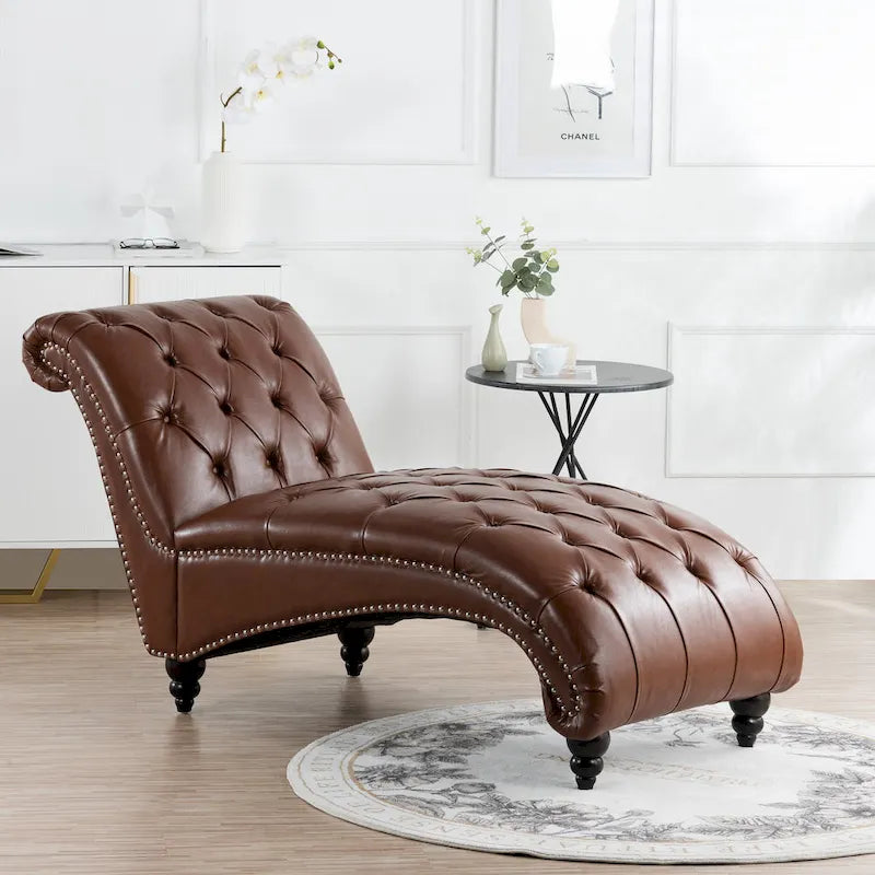 Armless Tufted Button Chaise Lounge with Wood Legs – Blue / Black / Brown / Dark Brown / Yellow / Orange / White – 1-Seater