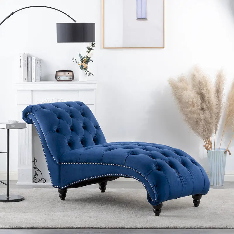 Armless Tufted Button Chaise Lounge with Wood Legs – Blue / Black / Brown / Dark Brown / Yellow / Orange / White – 1-Seater
