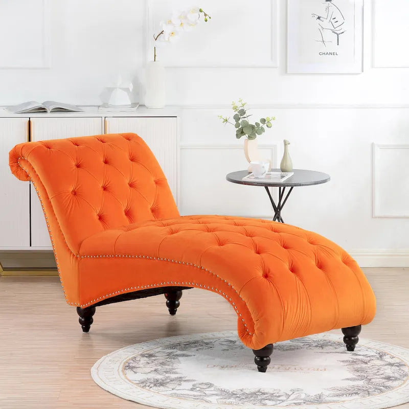 Armless Tufted Button Chaise Lounge with Wood Legs – Blue / Black / Brown / Dark Brown / Yellow / Orange / White – 1-Seater
