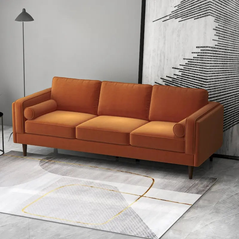 Canapé 3 places en velours vert/orange, dossier capitonné, style Mid-century Modern