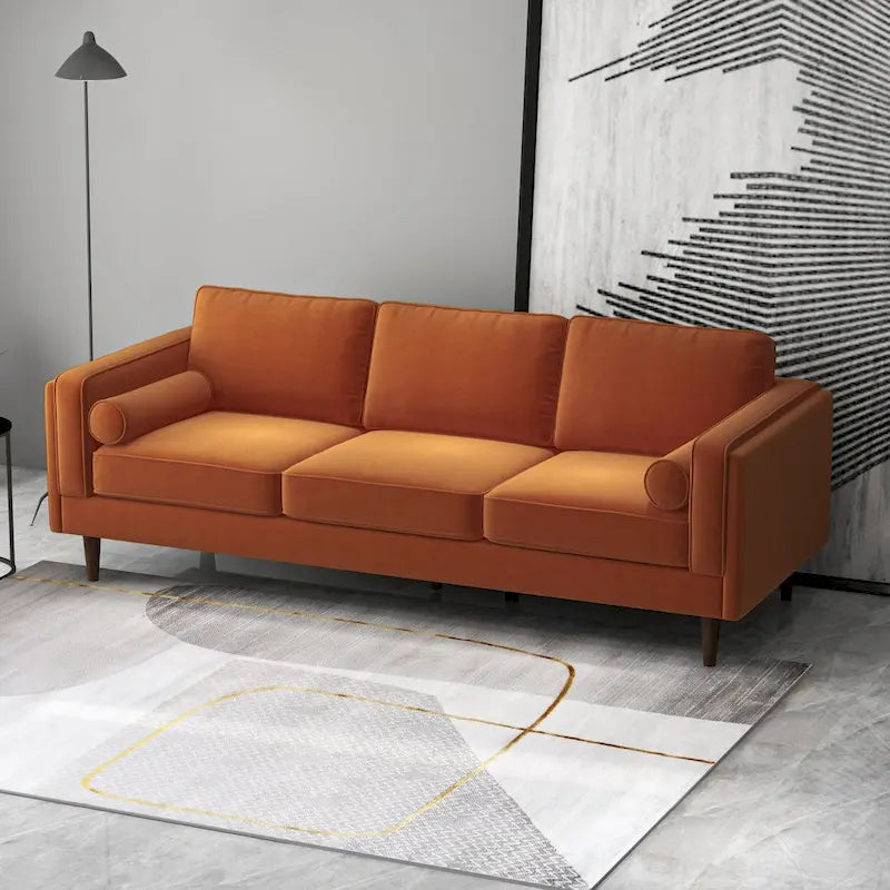 Canapé 3 places en velours vert/orange, dossier capitonné, style Mid-century Modern