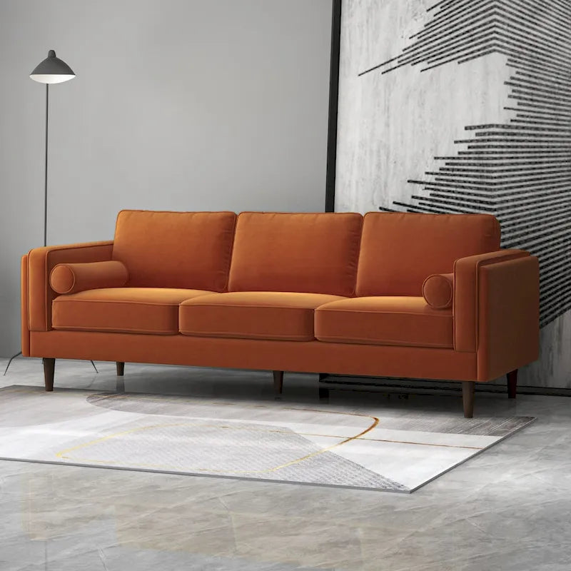 Canapé 3 places en velours vert/orange, dossier capitonné, style Mid-century Modern