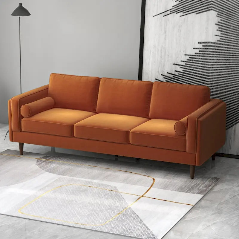 Canapé 3 places en velours vert/orange, dossier capitonné, style Mid-century Modern