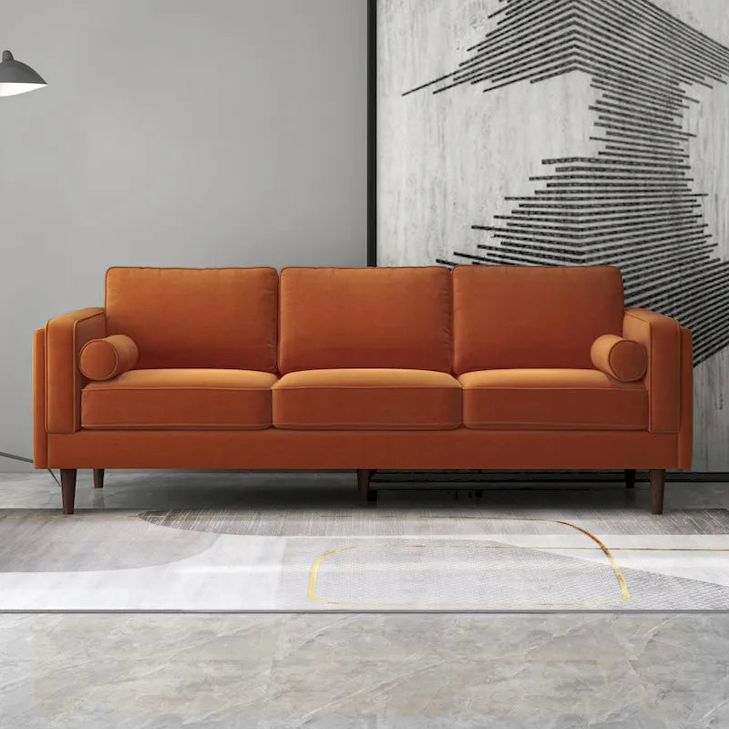 Canapé 3 places en velours vert/orange, dossier capitonné, style Mid-century Modern