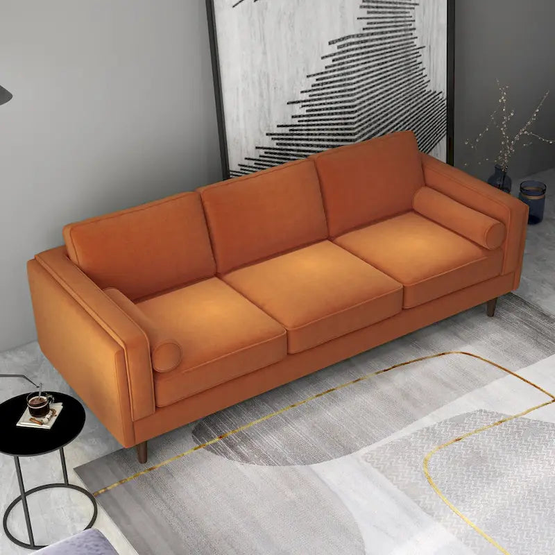 Canapé 3 places en velours vert/orange, dossier capitonné, style Mid-century Modern