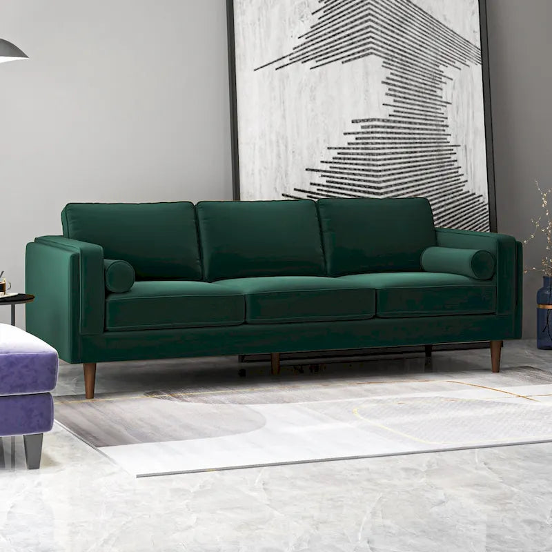 Canapé 3 places en velours vert/orange, dossier capitonné, style Mid-century Modern