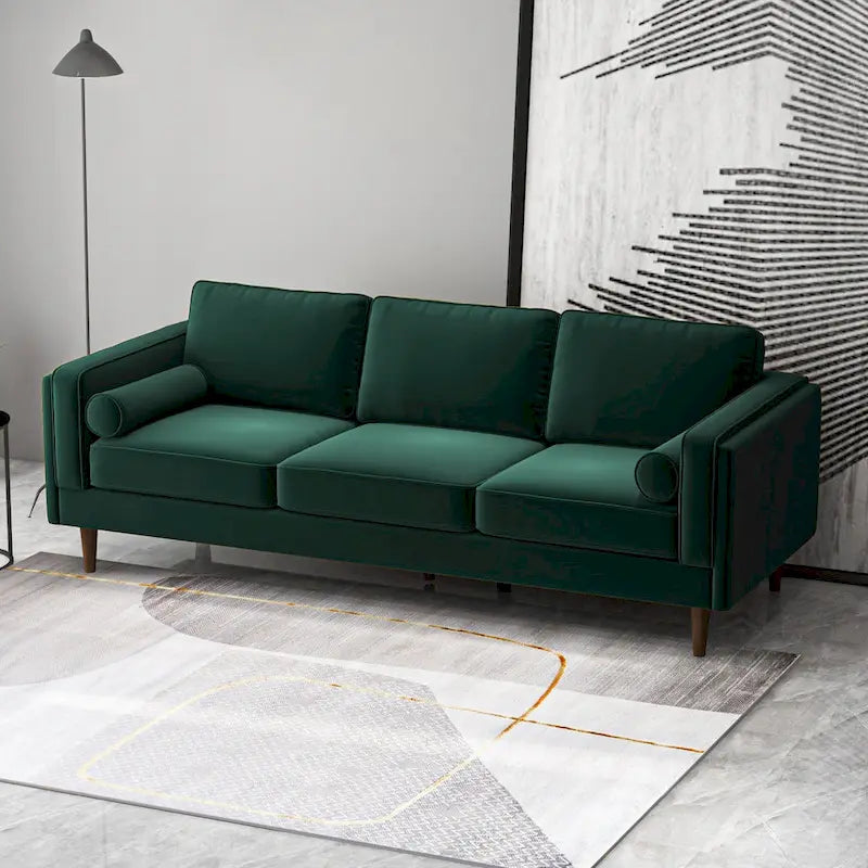Canapé 3 places en velours vert/orange, dossier capitonné, style Mid-century Modern