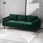 Canapé 3 places en velours vert/orange, dossier capitonné, style Mid-century Modern