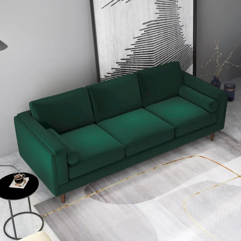 Canapé 3 places en velours vert/orange, dossier capitonné, style Mid-century Modern