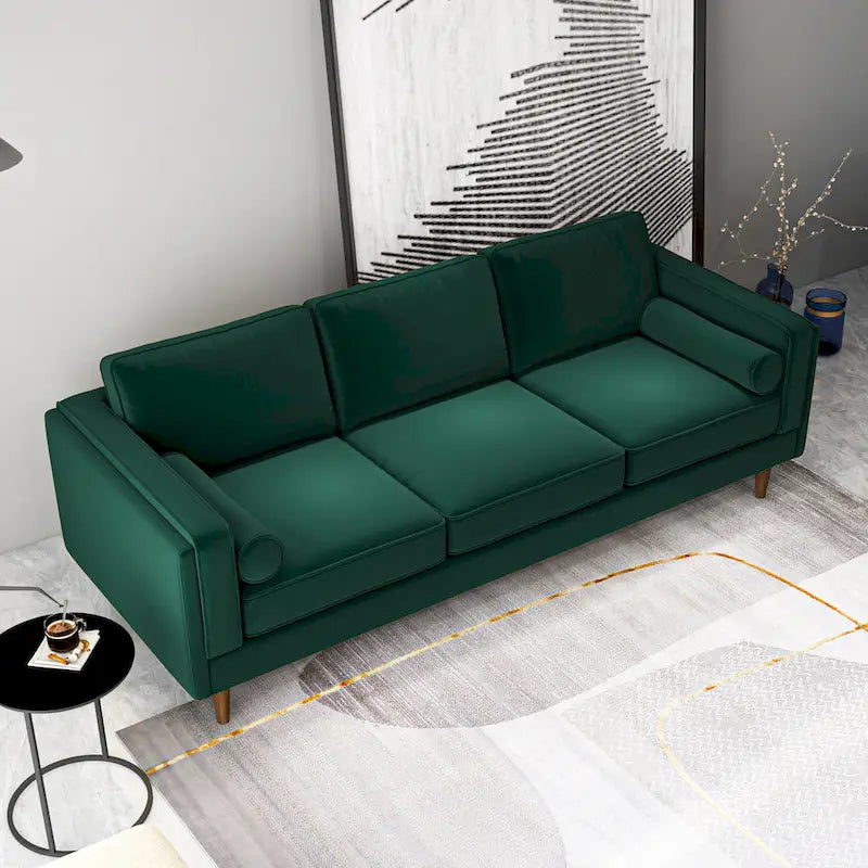 Canapé 3 places en velours vert/orange, dossier capitonné, style Mid-century Modern
