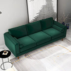 Canapé 3 places en velours vert/orange, dossier capitonné, style Mid-century Modern