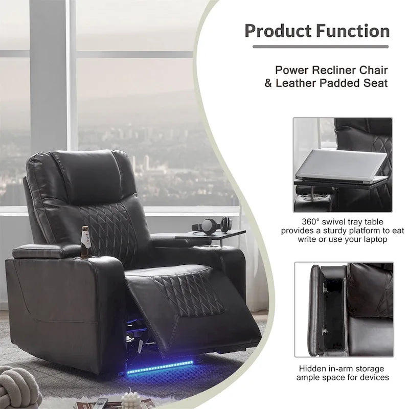 Fauteuil inclinable électrique en cuir PU avec port USB et tablette pivotante – Marron clair / Marron / Noir – 1 place