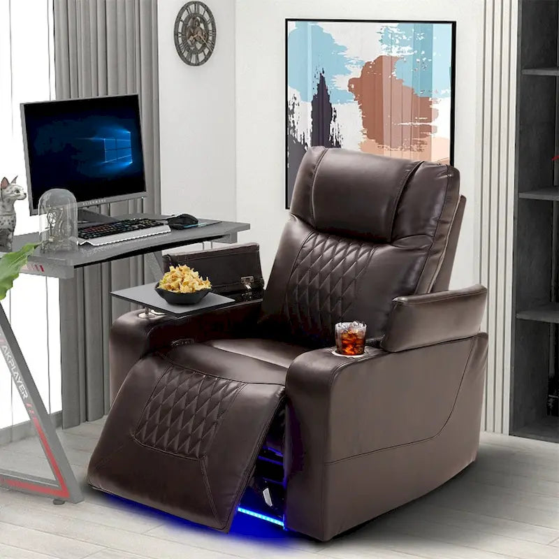 Fauteuil inclinable électrique en cuir PU avec port USB et tablette pivotante – Marron clair / Marron / Noir – 1 place