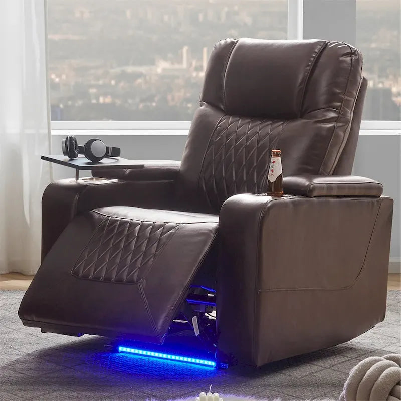 Fauteuil inclinable électrique en cuir PU avec port USB et tablette pivotante – Marron clair / Marron / Noir – 1 place