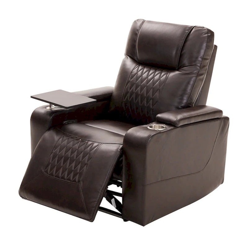Fauteuil inclinable électrique en cuir PU avec port USB et tablette pivotante – Marron clair / Marron / Noir – 1 place