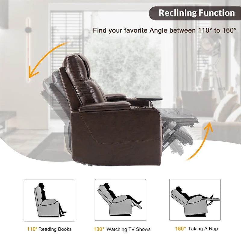 Fauteuil inclinable électrique en cuir PU avec port USB et tablette pivotante – Marron clair / Marron / Noir – 1 place
