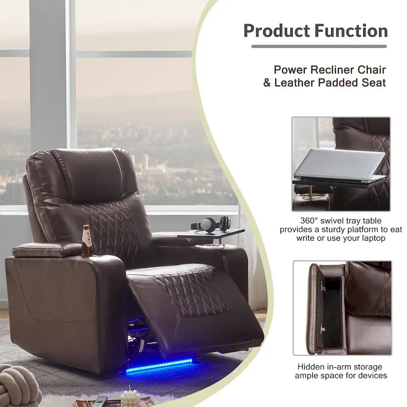 Fauteuil inclinable électrique en cuir PU avec port USB et tablette pivotante – Marron clair / Marron / Noir – 1 place