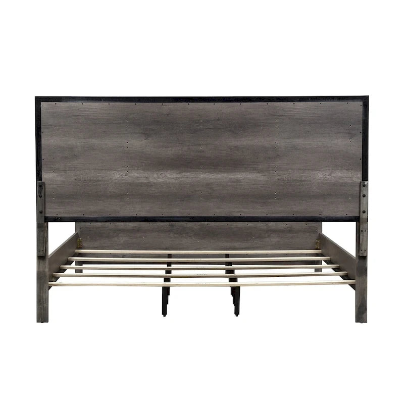 Lit king-size avec tête de lit à lattes en bois et support central à lattes – Greystone (gris moyen)
