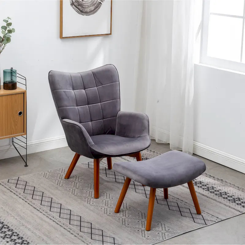 Fauteuil d'appoint capitonné en velours avec pouf – Jaune / Mauve / Bleu / Gris – 1 place