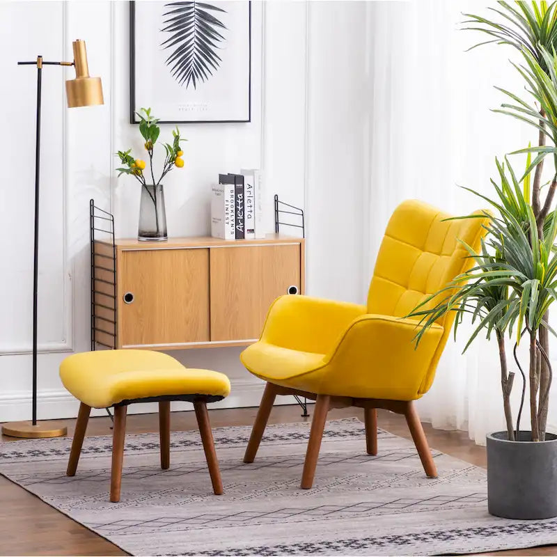 Fauteuil d'appoint capitonné en velours avec pouf – Jaune / Mauve / Bleu / Gris – 1 place