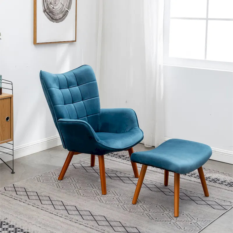 Fauteuil d'appoint capitonné en velours avec pouf – Jaune / Mauve / Bleu / Gris – 1 place
