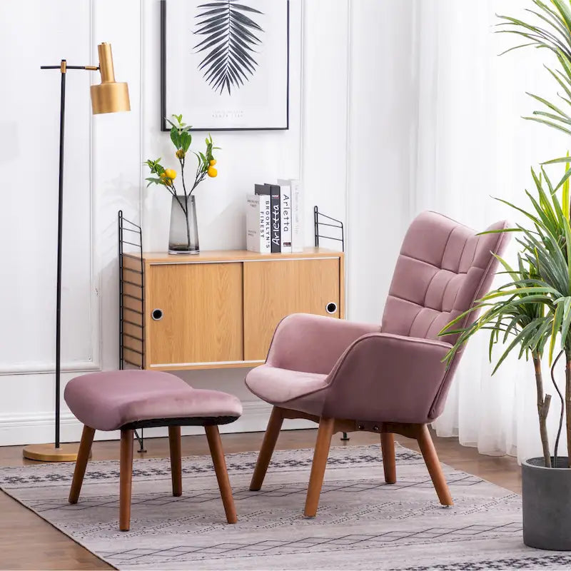 Fauteuil d'appoint capitonné en velours avec pouf – Jaune / Mauve / Bleu / Gris – 1 place