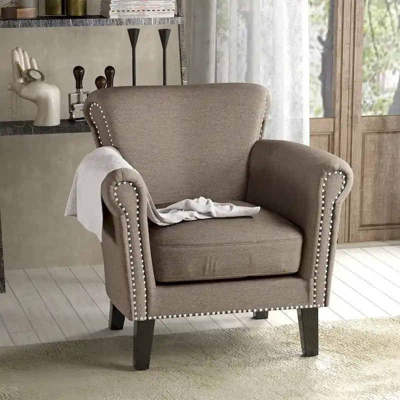 Contemporary Scroll Arm Club Chair with Nailhead Trim – Coffee / Wine / Navy / Steel Blue – 1-Seater