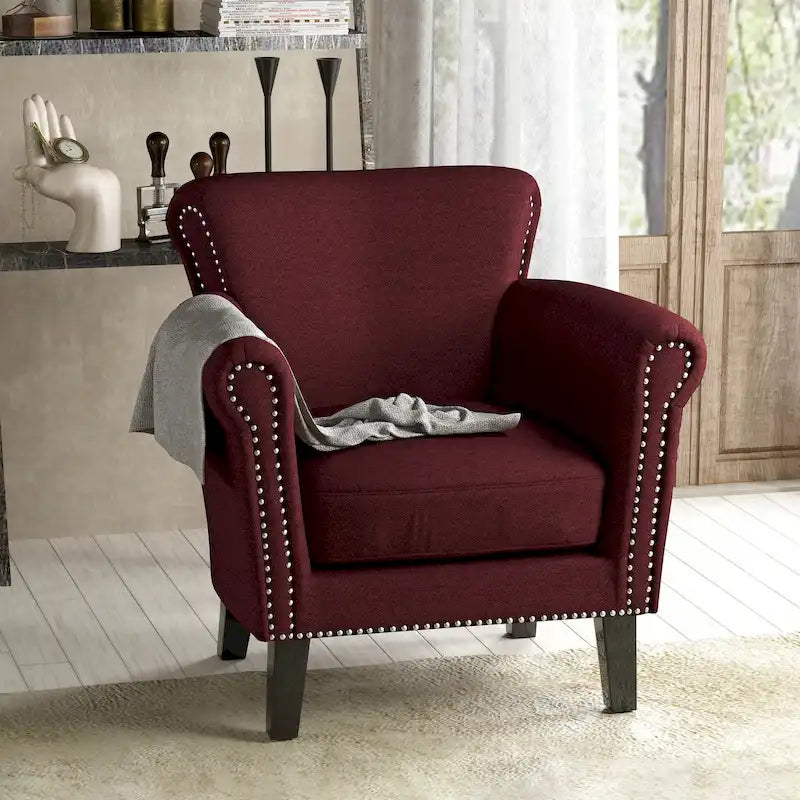 Contemporary Scroll Arm Club Chair with Nailhead Trim – Coffee / Wine / Navy / Steel Blue – 1-Seater