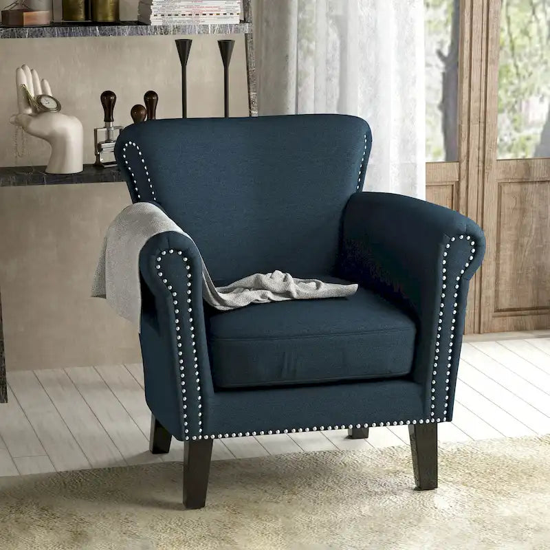 Contemporary Scroll Arm Club Chair with Nailhead Trim – Coffee / Wine / Navy / Steel Blue – 1-Seater