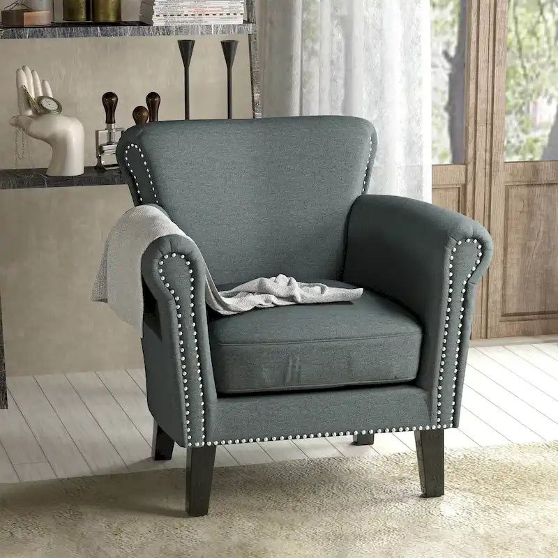 Contemporary Scroll Arm Club Chair with Nailhead Trim – Coffee / Wine / Navy / Steel Blue – 1-Seater