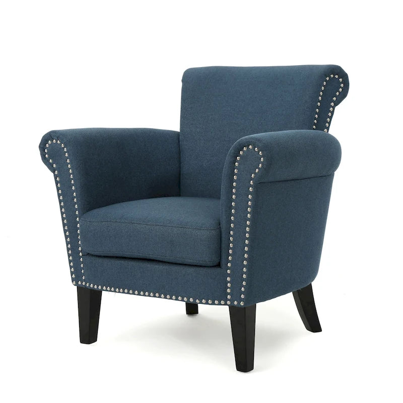 Contemporary Scroll Arm Club Chair with Nailhead Trim – Coffee / Wine / Navy / Steel Blue – 1-Seater