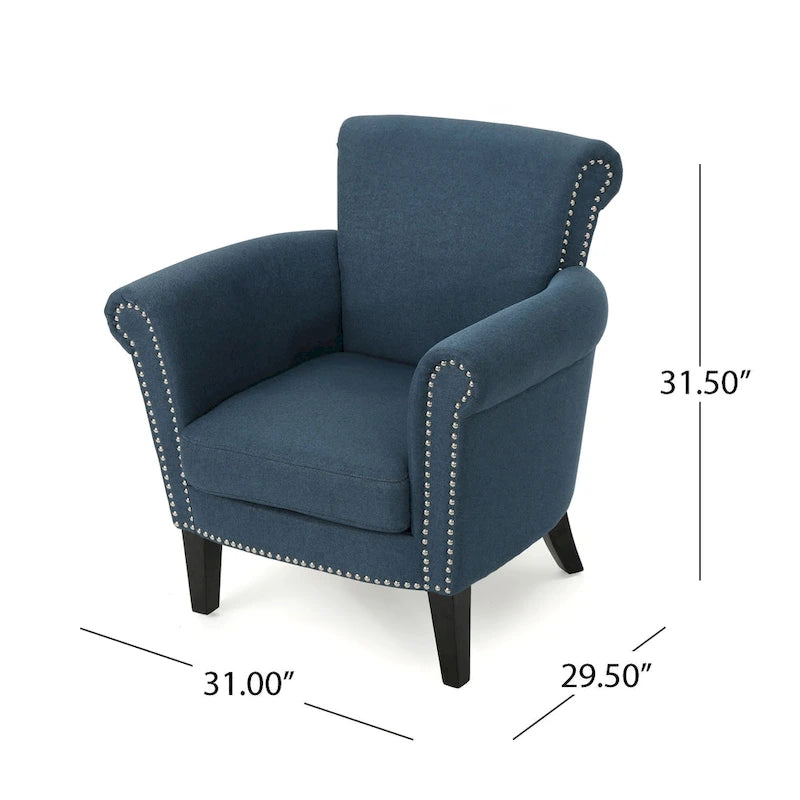Contemporary Scroll Arm Club Chair with Nailhead Trim – Coffee / Wine / Navy / Steel Blue – 1-Seater