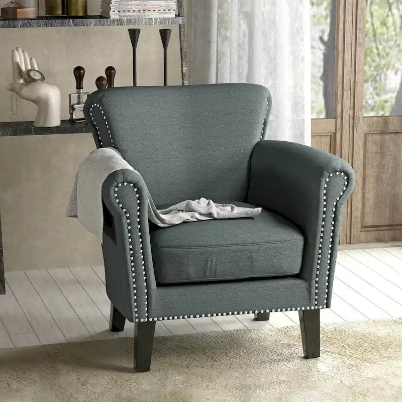 Fauteuil Club Contemporain à Accoudoirs Volutés avec Clous Décoratifs – Café / Vin / Bleu Marine / Bleu Acier – 1 place