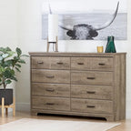 Commode double 8 tiroirs Country Cottage avec poignées en métal – Érable gris / Chêne vieilli