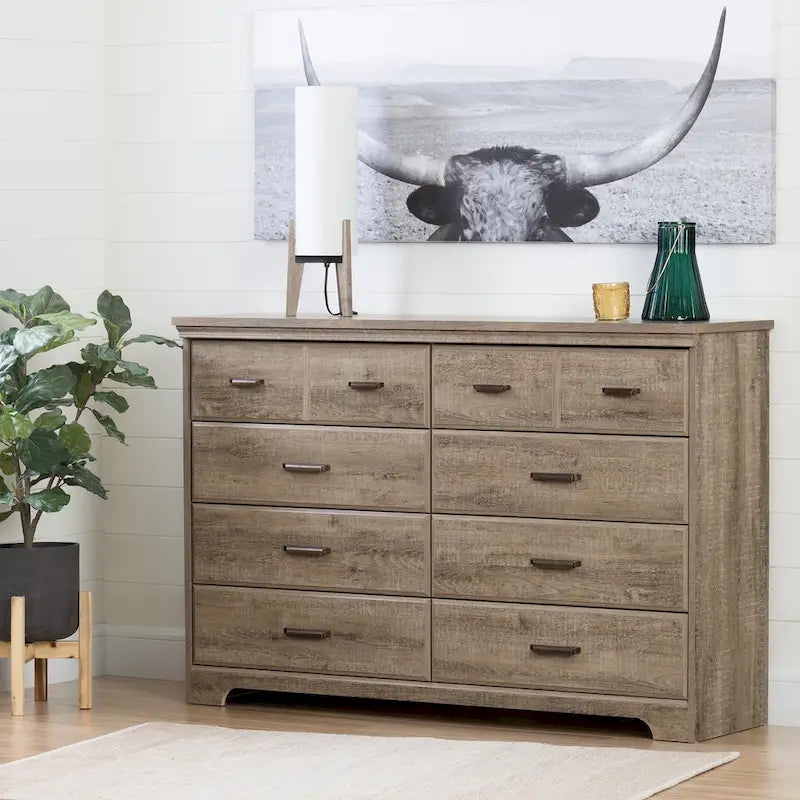 Country Cottage 8-Drawer Double Dresser with Metal Handles – Gray Maple / Weathered Oak