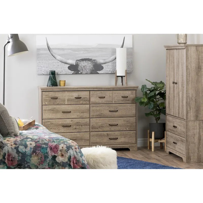 Commode double 8 tiroirs Country Cottage avec poignées en métal – Érable gris / Chêne vieilli