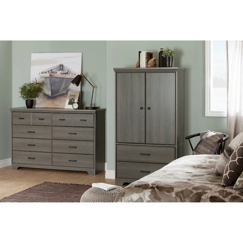 Commode double 8 tiroirs Country Cottage avec poignées en métal – Érable gris / Chêne vieilli