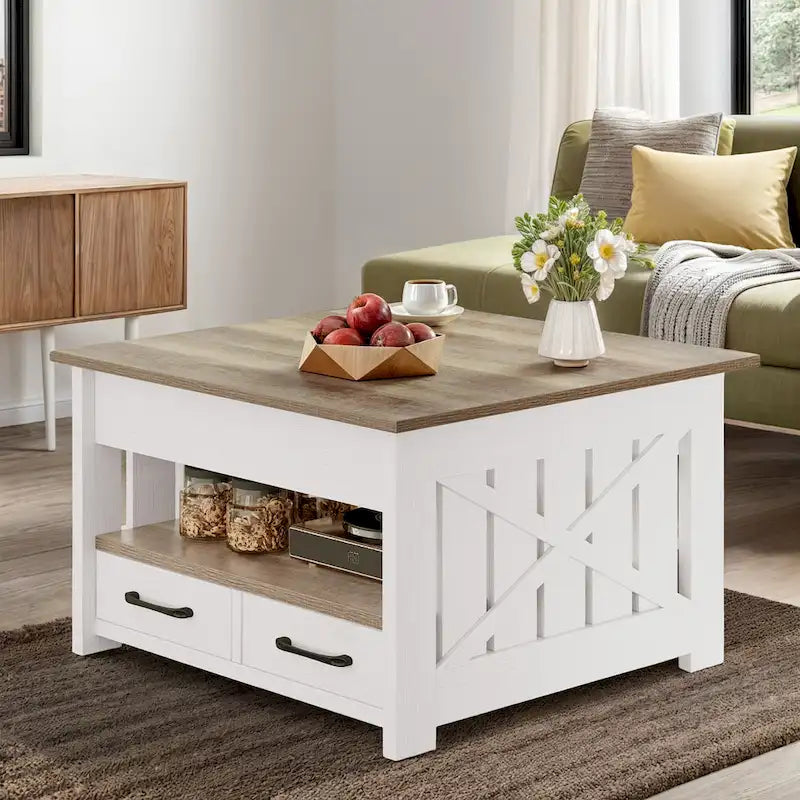 Table basse carrée à plateau relevable de style campagnard avec 2 tiroirs et rangement – Gris et blanc – 1 utilisateur