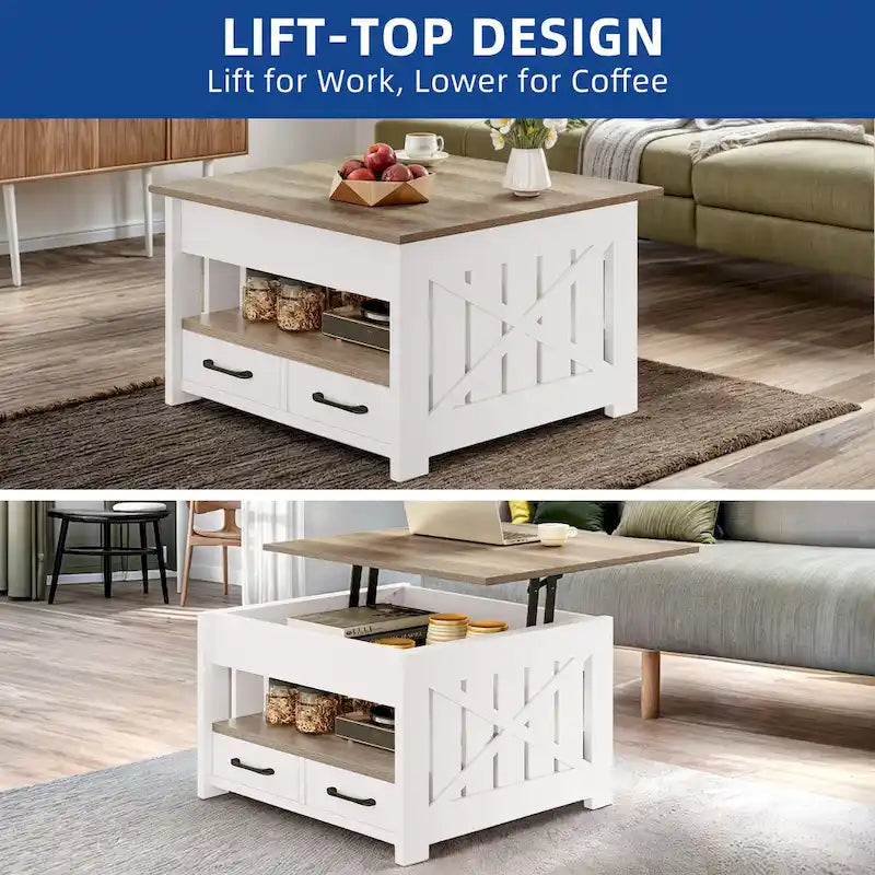 Table basse carrée à plateau relevable de style campagnard avec 2 tiroirs et rangement – Gris et blanc – 1 utilisateur