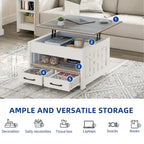 Table basse carrée à plateau relevable de style campagnard avec 2 tiroirs et rangement – Gris et blanc – 1 utilisateur