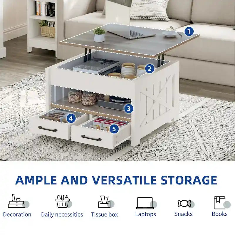 Table basse carrée à plateau relevable de style campagnard avec 2 tiroirs et rangement – Gris et blanc – 1 utilisateur