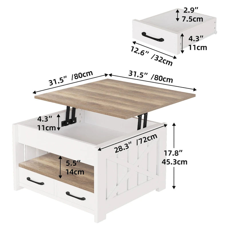 Table basse carrée à plateau relevable de style campagnard avec 2 tiroirs et rangement – Gris et blanc – 1 utilisateur