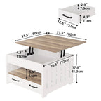 Table basse carrée à plateau relevable de style campagnard avec 2 tiroirs et rangement – Gris et blanc – 1 utilisateur