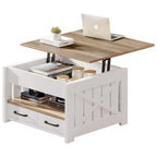 Table basse carrée à plateau relevable de style campagnard avec 2 tiroirs et rangement – Gris et blanc – 1 utilisateur